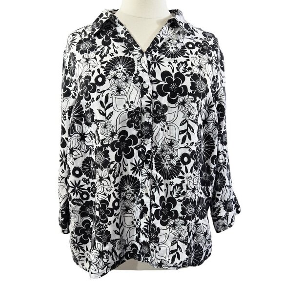 JM Collection 100% Linen White Black Floral Button-Up Shirt Comfy Beachy - Picture 1 of 7